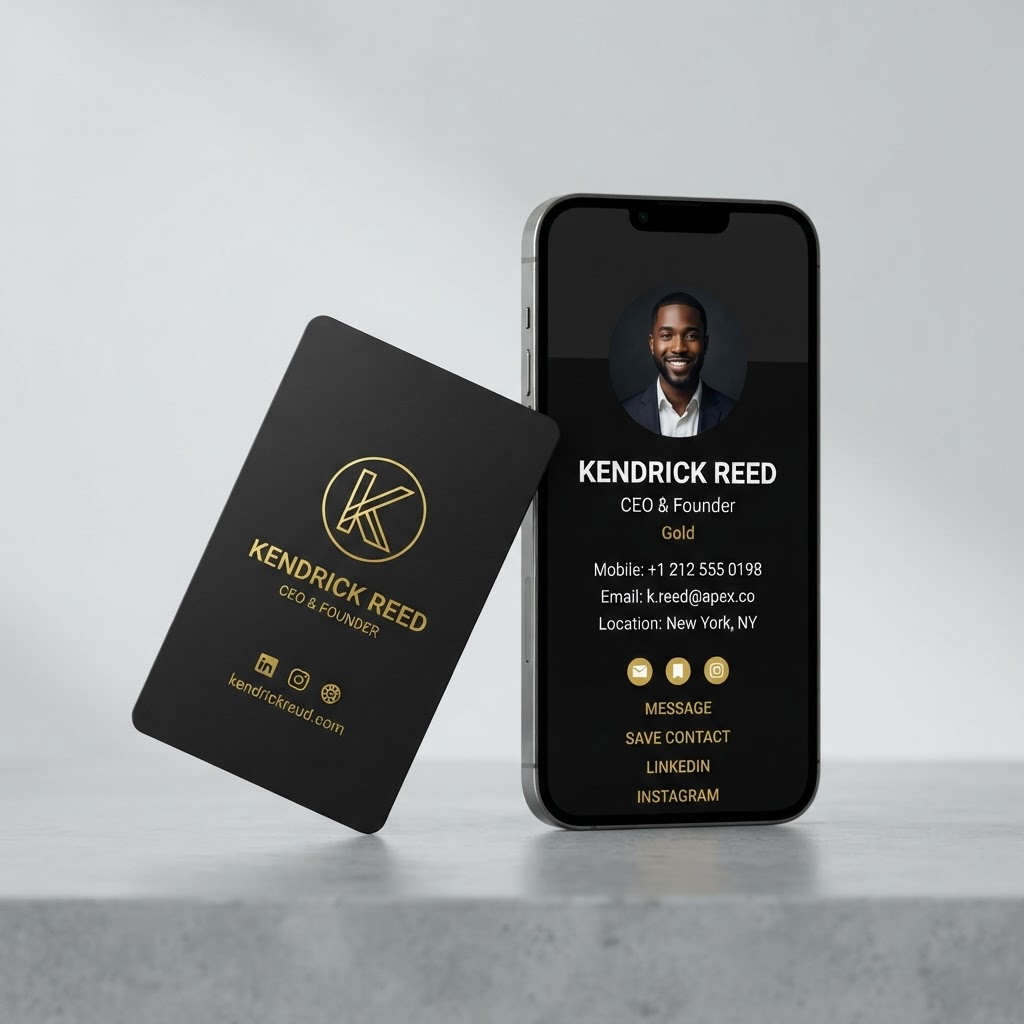 ZCARDIN NFC business card leaning against a smartphone showing a digital contact profile