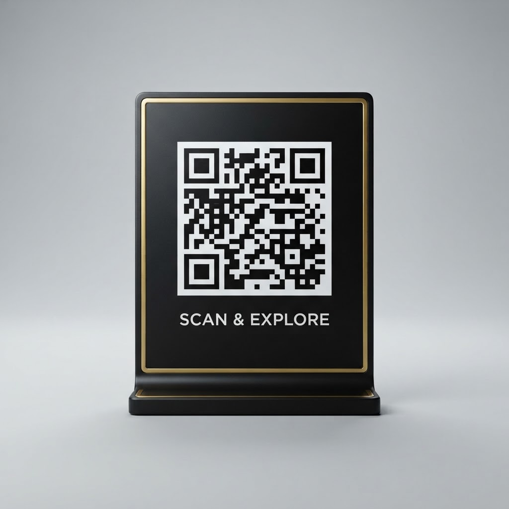 Tabletop QR code display stand with gold border