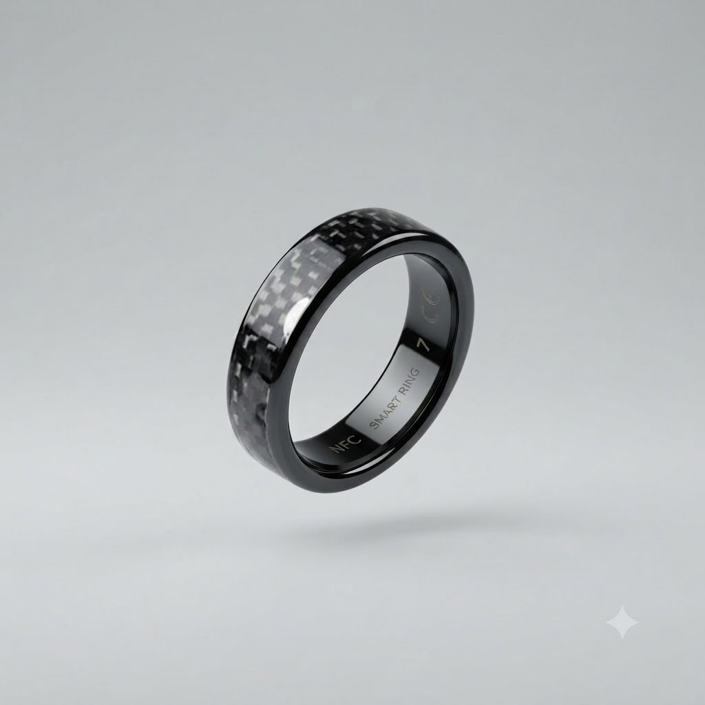 Black ceramic NFC smart ring with gold inlay